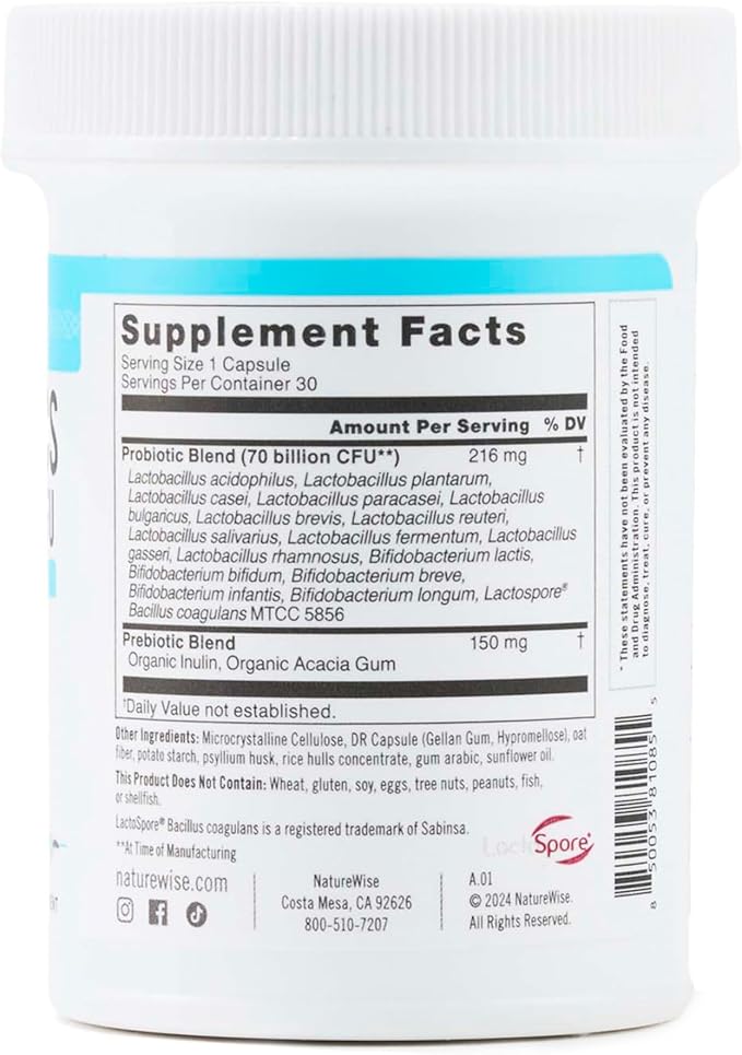 NatureWise Probiotics 70 Billion CFU - 17 Strains + Organic Prebiotics - Immune, Digestive & Gut Health Support for Women & Men - Vegetarian, Gluten-Free, Non-GMO - 30 Capsules[1-Month Supply]