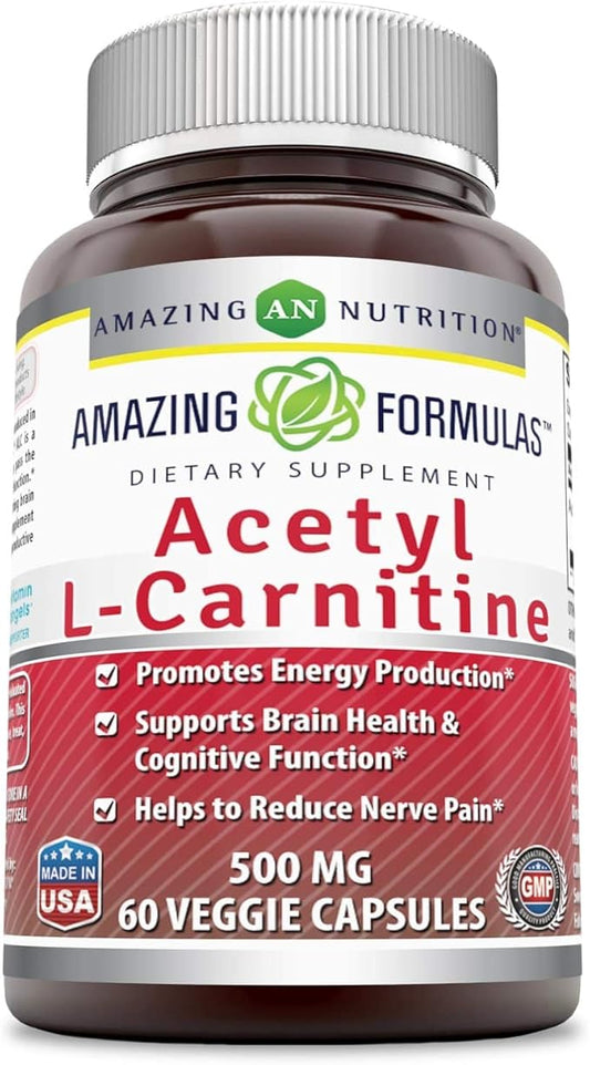 Amazing Formulas Acetyl L-Carnitine Hcl Veggie Dietary Supplement - 500 Mg, Veggie Capsules (Non GMO,Gluten Free) Per Bottle - Promotes Energy Production & Cognitive Function (60 Count)