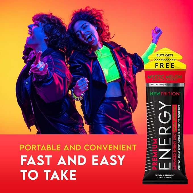 Extra Strength Energy Shots, Caffeine Energy Shots with Vitamin B & Amino Acids, Sugar-Free Vitamin Energy Shot Packets, 1.7 fl oz, Mystic Melon, 24 Count