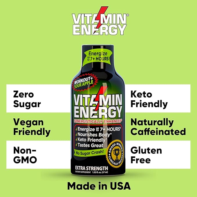 Vitamin Energy Pre Workout Drink - Keto Friendly Sugar Free Shots | Natural Clean Green Tea Caffeine with Proprietary Endurance Blend | Energize up to 7+ Hours - Sour Apple - 1.93 Fl Oz- Pack of 48