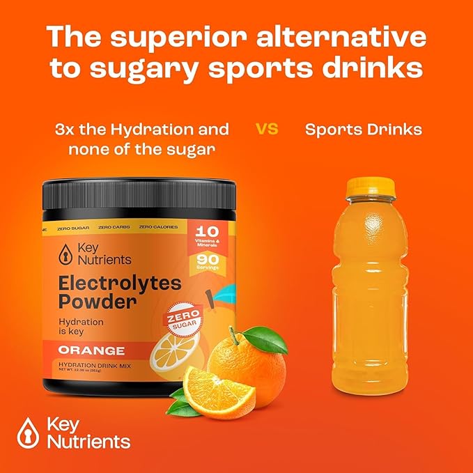 KEY NUTRIENTS Multivitamin Electrolytes Powder No Sugar - Tangy Orange Electrolyte Powder - Endurance & Energy Supplement - Hydration Powder - No Calories - 90 Servings - Made in USA