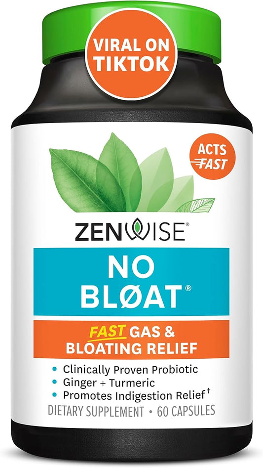 Zenwise Health NO Bloat Probiotics for Women and Men Digestive Health with Ginger, Dandelion, and Lactase, Digestive Enzymes for Gas and Bloating Relief - Vegan Water Retention Pills - 60 CT