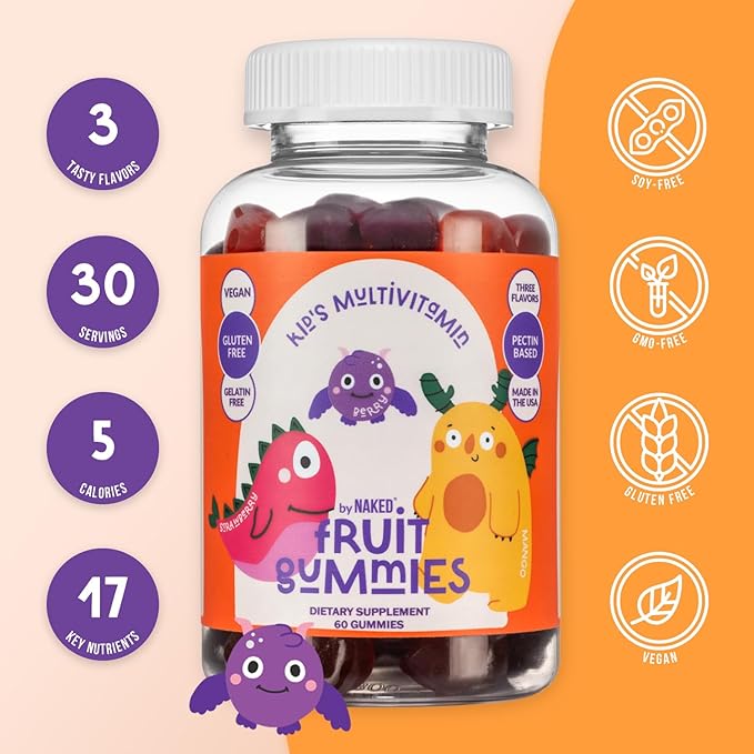Naked Nutrition Kids Vitamin Gummies, Made in USA, GMO Free, Gluten-Free, Gelatin Free, Vegan, Kids Vitamins A, C, D, E, B6, B12, Zinc, 3 Fruit Flavors, 30 Day Supply
