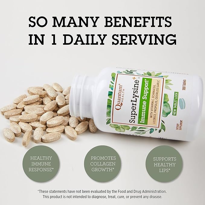 Quantum Health SuperLysine+ Advanced Formula Immune Support Supplement Lysine 1500 mg, Vitamin C Echinacea Licorice Bee Propolis & Odorless Garlic - 180 Tablets (Pack of 2)