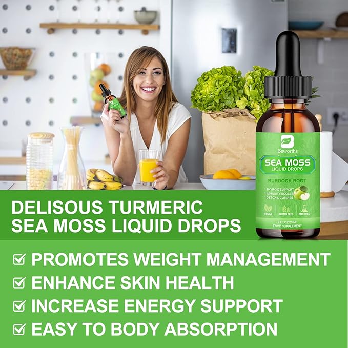 Sea Moss Liquid Drops - Organic Irish Sea Moss Gel with Burdock Root, Vitamin C, B12, 3000mg Seamoss Gel Supplement for Immune, Joint, Detox Cleanse & Digestive Support - 2 Fl Oz