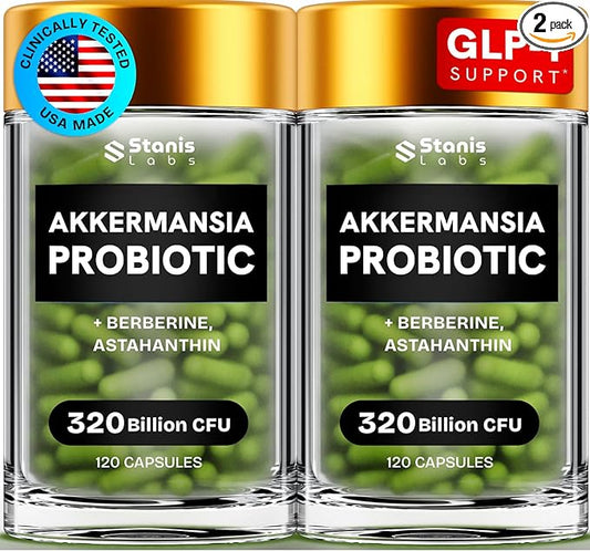 Akkermansia Probiotic 320 Billion CFU| GLP-1 Probiotic and Prebiotic | Akkermansia Muciniphila Probiotics For Women Digestive Health | Inulin Prebiotic Fiber Capsules Astaxanthin & Berberine 240 count