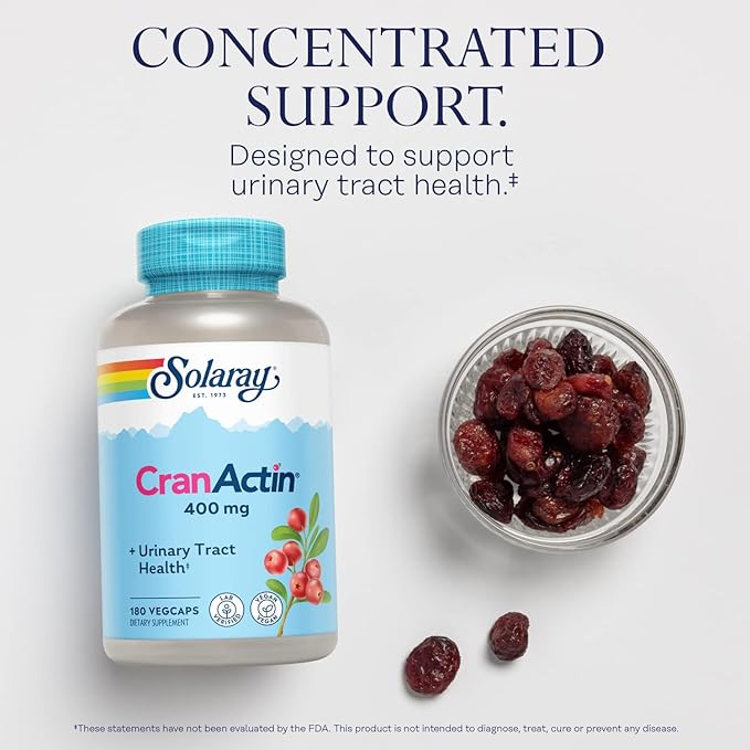 SOLARAY CranActin Cranberry Extract 400 mg - Cranberry Supplements for Women and Men - Bladder and Urinary Tract Health Support with Vitamin C - Vegan, 60-Day Guarantee, 180 Servings, 180 VegCaps
