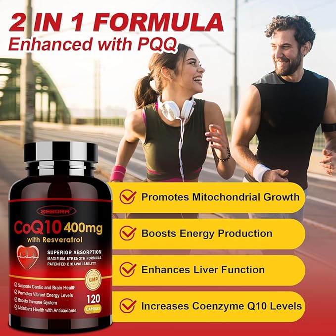 ZEBORA CoQ10-400mg with Trans-Resveratrol, PQQ & Vitamin E - High Absorption Coenzyme-Q10 with BioPerine - Powerful Antioxidant for Heart & Energy-Production,120 Veggie Capsules
