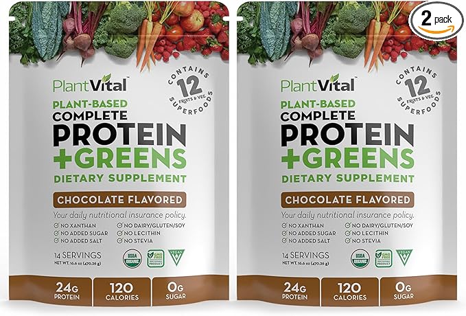 Plantvital Vegan Protein Powder Plant Based - Organic Protein Powder Chocolate - 24g/0g Sugar, 18 Superfoods, Probiotics, Raw Cocoa, Pea, Gluten-Free, Keto-Friendly, 48oz