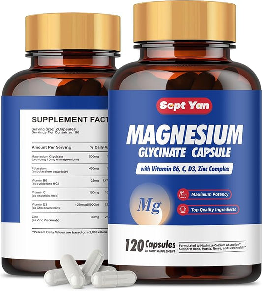 Magnesium Glycinate Capsules 500 mg - Magnesium Supplement with Potassium, Zinc, Vitamin C, D3, B6 - Support Proper Sleep & Rest - Maintain Muscle & Heart Health - 120 ct Easy to Swallow Vegan Pills