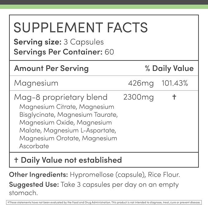 Magnesium Complex Supplement 180 Capsules (436mg Elemental Magnesium Provided by 2,300mg of Eight Different Forms of Magnesium) MAG-8 Provides 100% Daily Recommended Value of Magnesium by Double Wood