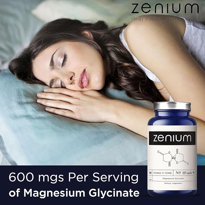 Zenium - Magnesium Glycinate 600 mg per Serving, 120 Capsules | Relieve Stress, Tension, Worry, Nervousness, & Irritability | Calm The Mind & Body | Ayurvedic | Natural Relief Supplement