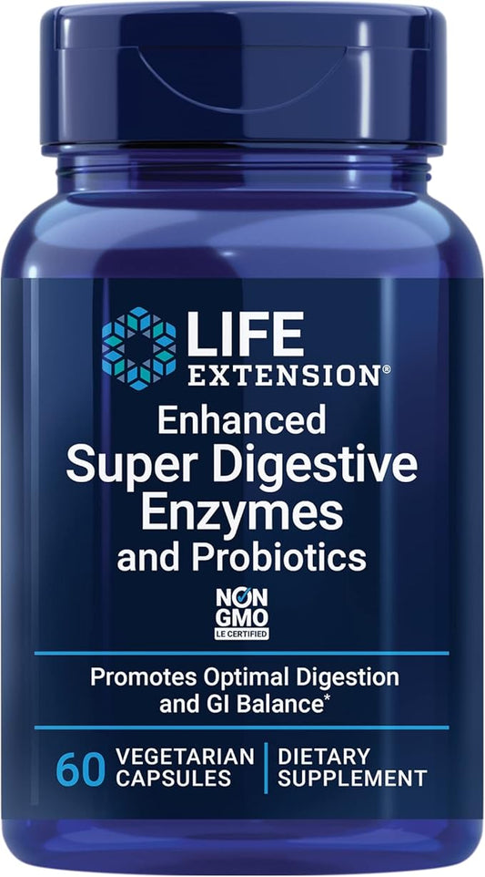 Life Extension Enhanced Super Digestive Enzymes & Probiotics -Vegetarian-Friendly Digestive Health Formula For GI Balance - Plant-Based Diet Aid - Non-GMO - 60 Vegetarian Capsules