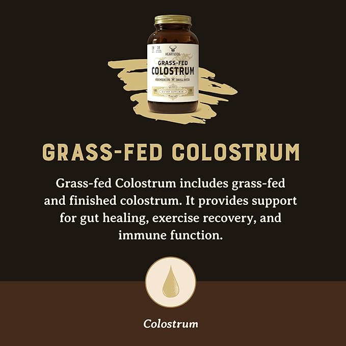 HEART & SOIL Grass-Fed Colostrum – Dietary Supplement for Skin Health & Exercise Recovery-Non-GMO, Allergen-Free Colostrum Supplement for Immune Support, Gut Health, & More - 180 Capsules
