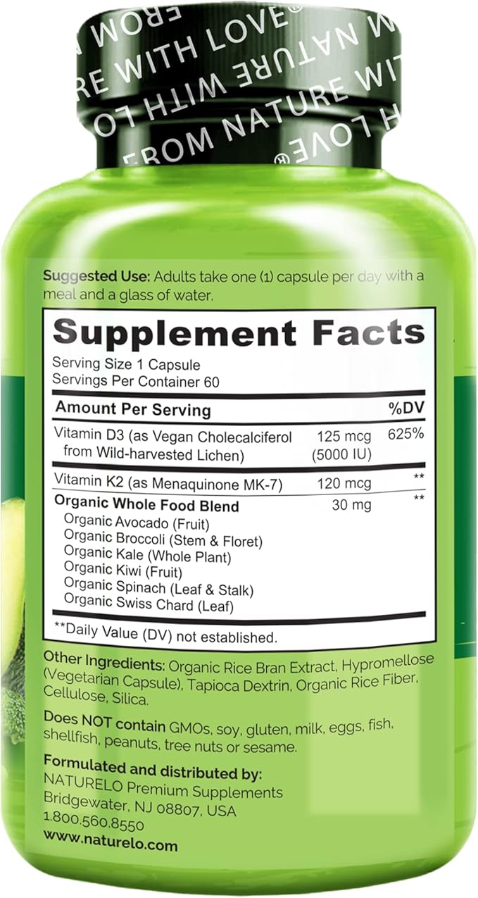 NATURELO Vitamin D3 K2 - Vegan K2+D3 with Plant Based D3 from Lichen - Natural D3 Supplement for Immune System, Bone Support, Heart Health - Whole Food - Non-GMO - Gluten Free, 60 Capsules (Pack of 2)
