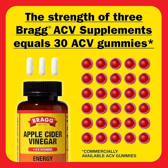 Bragg Energy Apple Cider Vinegar Capsules with B Vitamins - (2 Pack) 90 Capsules - Helps Generate Energy at Cellular Level
