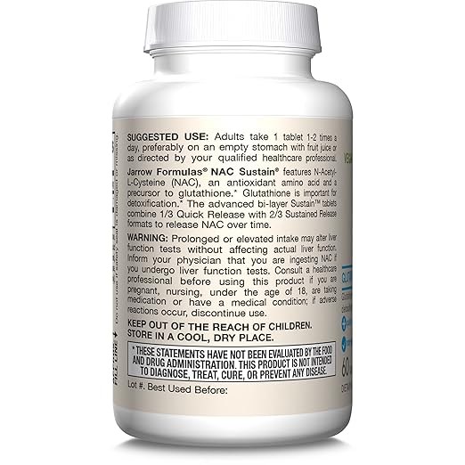 Jarrow Formulas N-A-C Sustain 600 mg, Dietary Supplement, Amino Acid Support for Liver Health and Antioxidants, 60 Tablets, 60 Day Supply