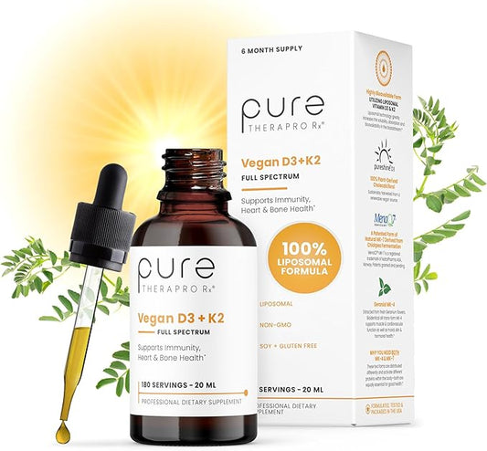 Vegan D3 + K2 Organic 100% Liposomal | 180 Servings | Maximum Absorption Vitamin D3 and Vitamin K2 Supplements for Men and Women, D3 Vitamin 5000 IU, Liquid Vitamin D3 with K2 - 20 mL Bottle