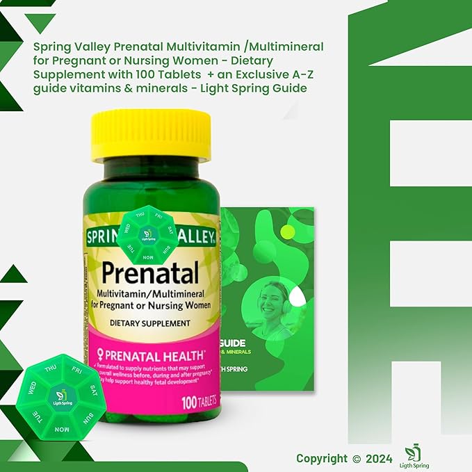 Prenatal Multivitamin/Multimineral 100 Tablets with Bundle Exclusive Vitamins & Minerals - A to Z -Better Ligth&Spring Guide + Weekly Pill Organizer (3 Items)