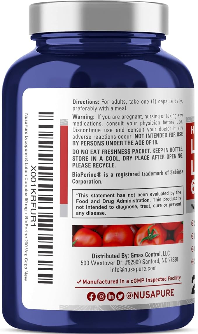 NusaPure Lycopene & Lutein Complex 60mg per Caps, 200 Veggie Capsules (Non-GMO, Vegan)