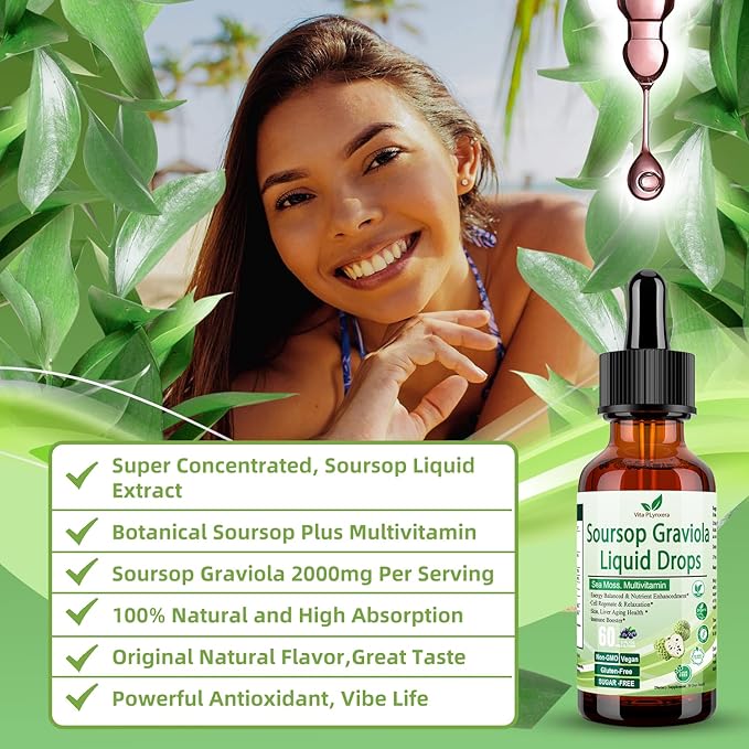 Soursop Graviola Liquid Drops, Soursop Extract Multivitamin Drops w. Sea Moss, Grape Seed, Super Concentrated Unrefined Soursop Oil Organic for Skin Immune Boost Detox, Soursop Bitters Liquid 2 Fl/Oz