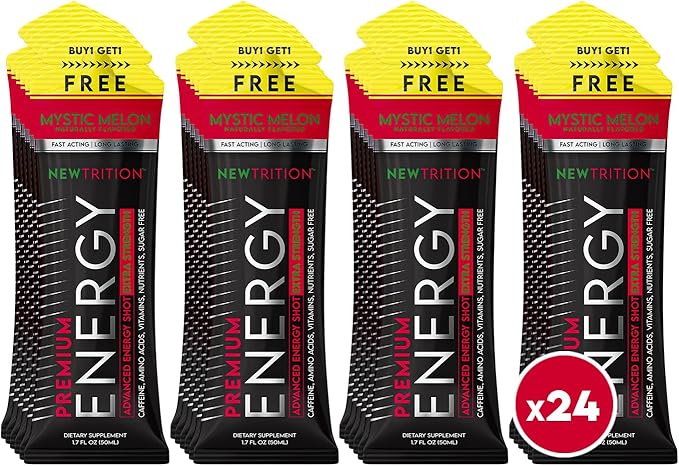 Extra Strength Energy Shots, Caffeine Energy Shots with Vitamin B & Amino Acids, Sugar-Free Vitamin Energy Shot Packets, 1.7 fl oz, Mystic Melon, 24 Count