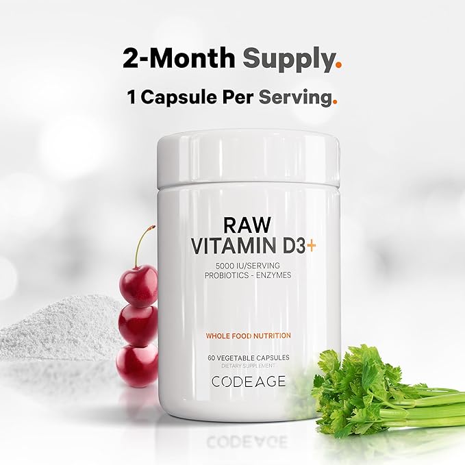 Codeage Raw Vitamin D3+ High Potency 5000 IU Supplement From Saccharomyces Cerevisiae - Raw Vitamin Enhanced with Omega-9, Probiotics, Digestive Enzymes, Fruits & Greens - 2-Month Supply - 60 Capsules