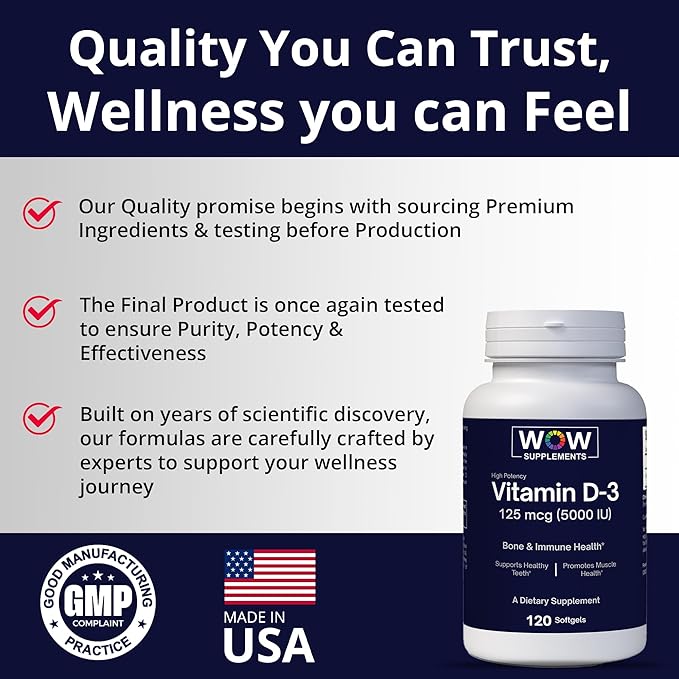 WOW Supplements Vitamin D3 5000 IU Softgels, 125 mcg - Vitamin D3 5000IU Supplement for Strong Bones and Immune Support - Non-GMO, Gluten Free Vitamin D 5000 IU - VIT D3 5000 IU Softgels - 120 Count