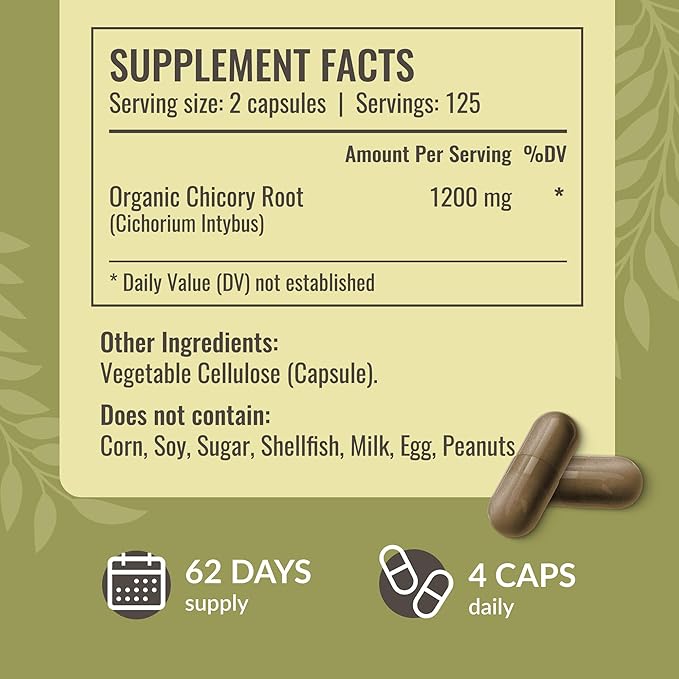 HERBAMAMA Chicory Inulin Capsules - 1200 mg Chicory Root for Digestive Health - Inulin Prebiotic Fiber Gut Cleanse Supplement - Vegan, Non-GMO - 250 Caps