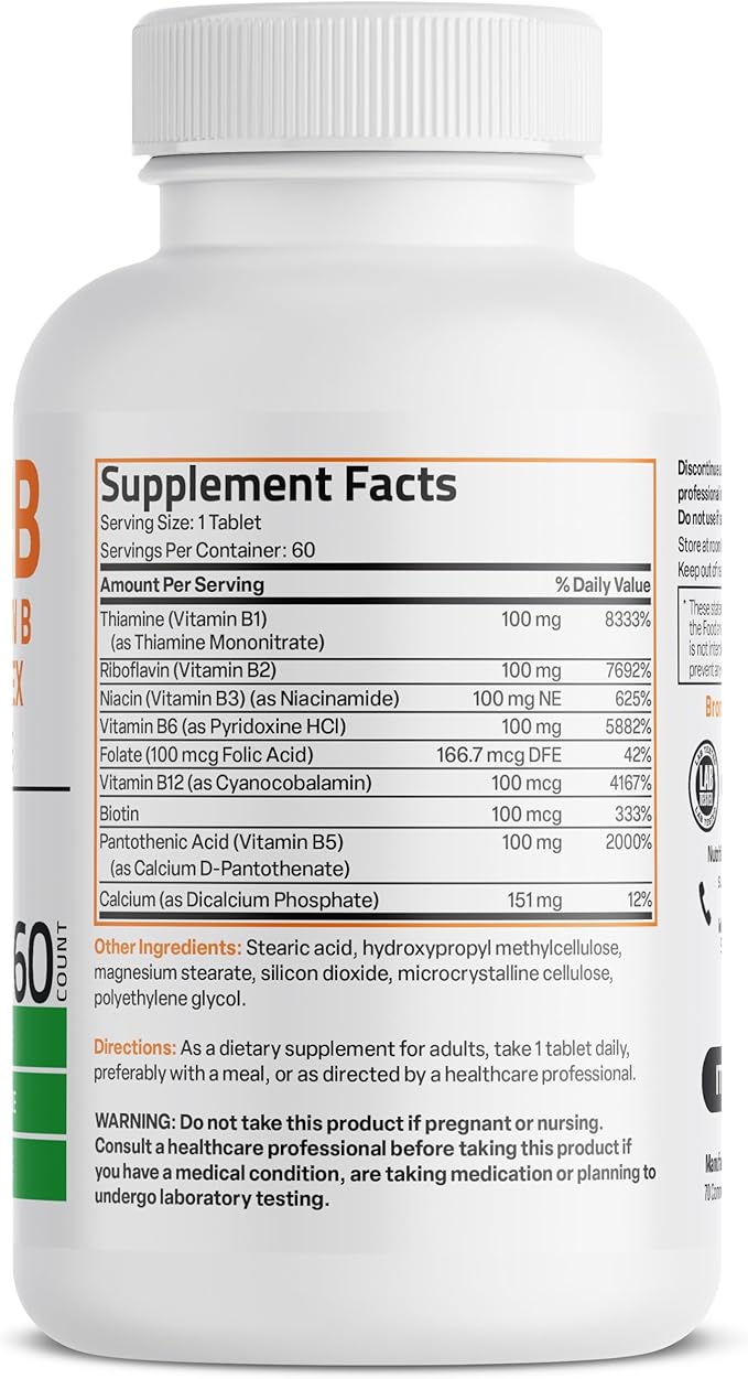 Bronson Vitamin B 100 Complex High Potency Sustained Release (Vitamin B1, B2, B3, B6, B9 - Folic Acid, B12), 60 Tablets