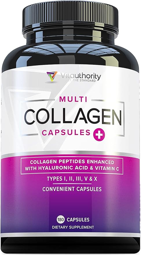 Vitauthority Multi Collagen Pills for Women and Men High Absorption Hydrolyzed Collagen Peptides Capsules for Hair Skin and Nails with Types I II III V X Hyaluronic Acid and Vitamin C - 60 Servings