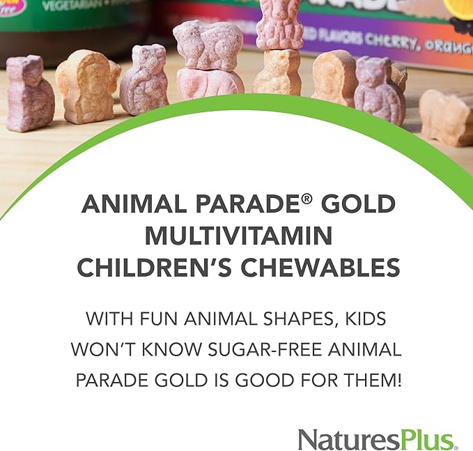 Natures Plus Animal Parade Gold Multivitamin Children’s Chewables - Cherry Flavor - 60 Chewable Animal-Shaped Tablets - with Vitamin D3, K2 & Probiotics - 30 Servings