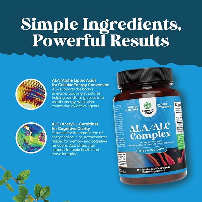 Pure Alpha Lipoic Acid Supplement with Acetyl L-Carnitine - Natural ALA ALC Amino Acids Boost Memory Support Mental Performance and Raise Energy Levels Metabolism - 60 Capsules