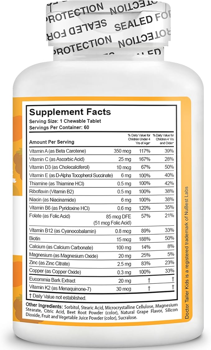 NuBest Doctor Taller Kids with Multivitamins, Multimineral, Calcium Chewable Tablets, Calcium Supplement for Kids Ages 2 to 9 - Grape Flavor - Helps Kids Healthy - 12 Pack