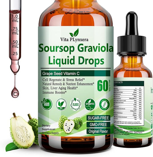 Soursop Graviola Liquid Drops, Soursop Extract Multivitamin Drops w. Sea Moss, Grape Seed, Super Concentrated Unrefined Soursop Oil Organic for Skin Immune Boost Detox, Soursop Bitters Liquid 2 Fl/Oz