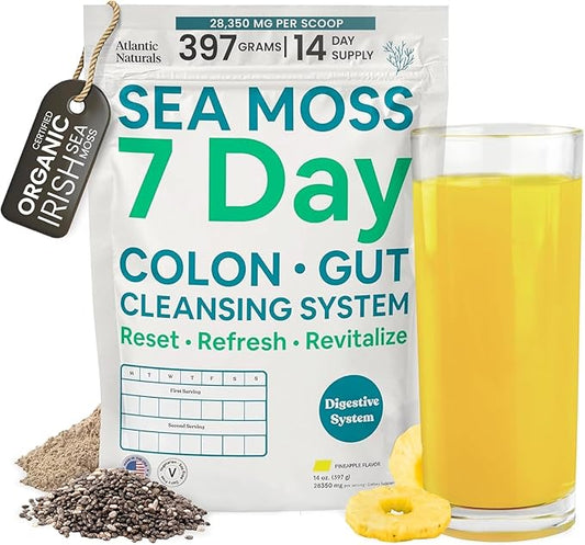 Atlantic Naturals - Sea Moss 7-Day Cleanse Colon & Gut Detox - Juice Cleanse Support with Psyllium Husk Senna Powder - Body Cleanse and Detox for Women & Men - Pineapple Flavor Mix Detox Drink (14 oz)