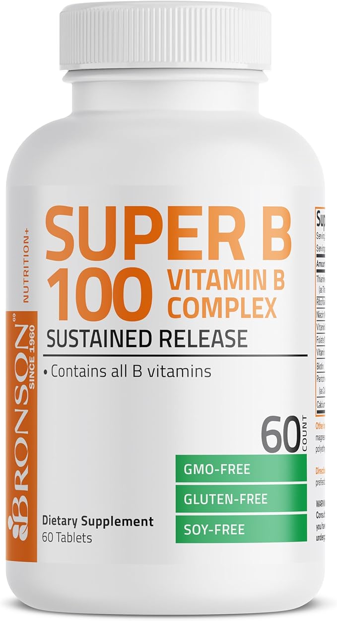 Bronson Vitamin B 100 Complex High Potency Sustained Release (Vitamin B1, B2, B3, B6, B9 - Folic Acid, B12), 60 Tablets