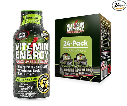 Vitamin Energy Pre Workout Drink - Keto Friendly Sugar Free Shots | Natural Clean Green Tea Caffeine with Proprietary Endurance Blend | Energize up to 7+ Hours - Sour Apple - 1.93 Fl Oz (Pack of 24)
