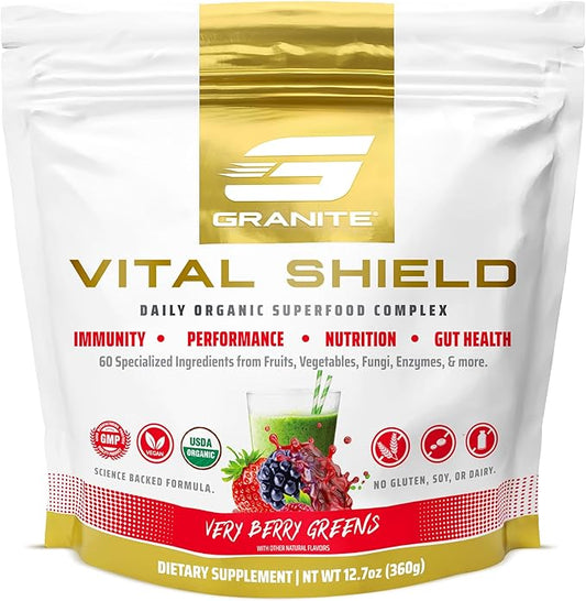 Granite Supplements Vital Shield - (30 Servings) Greens Superfood Powder - Fruit & Vegetable Super Foods Powder for Performance, Gut Health, Immunity & Nutrition, Very Berry Greens