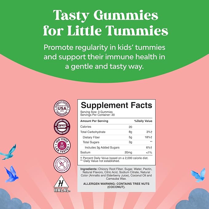 Kids Fiber Gummy Prebiotics Supplement - Soluble Fiber Gummies for Kids for Easing Constipation and Supporting Digestive Health Kids Fiber Gummies Immune System Booster Delicious Gummy Vitamins