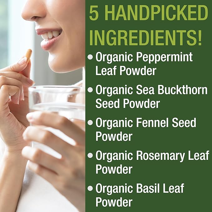 USDA Organic IBS Capsules for Relief, Ingestion, Bloating, Gas. Irritable Bowel Supplement with 5 Handpicked Organic Ingredients. Peppermint Oil, Sea Buckthorn, Fennel Seed, Rosemary Leaf, Basil Leaf