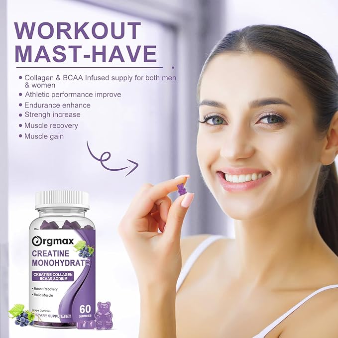 Creatine Monohydrate Gummies, Delicious Grape Flavored for Men & Women, Enhanced with Collagen & BCAA, Easy-to-Swallow Chews for Muscle Strength, Energy Boost, Pre-Workout Supplement(2 Pack)