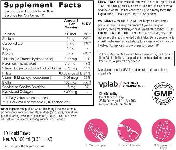 VPLab Ultra Women's Beauty Liquid Collagen - Biotin-Infused Multivitamin Complex with Peptides Type I & III Supplement for Skin, Hair & Nails - Drink Mix for Women Packed with Vitamin B Group,10