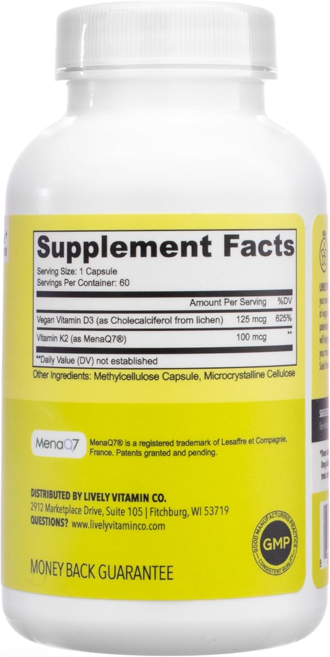 LIVELY VITAMIN CO. Solar Power Vitamin D3 5000 iu - Patented Vitamin K - MK7 - Immune Balance - Brain Function - Mood - Heart - Stress - 60 Count