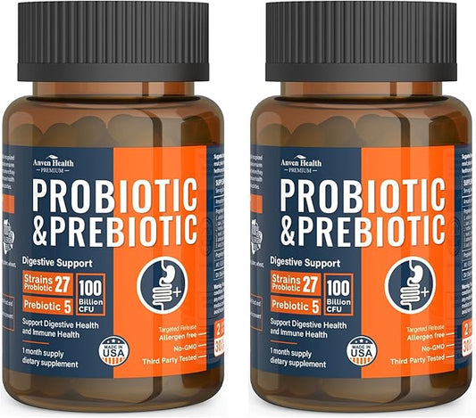 100 Billion Probiotics for Men and Women 27 Strains 5 Organic Prebiotics for Gut Digestive & Immune Health, Supports Diarrhea Gas Bloating, Vegan Probiotic Supplement Formula丨120 Caps