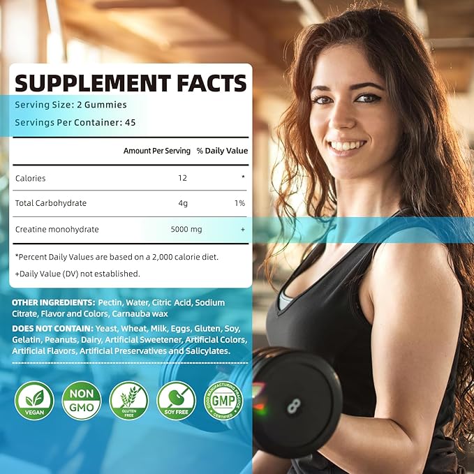 Creatine Monohydrate Gummies 5000mg for Men & Women, Chewables Creatine Monohydrate for Muscle Strength, Muscle Builder, Energy Boost, Pre-Workout Supplement(90 Count)-Blueberry Pineapple.