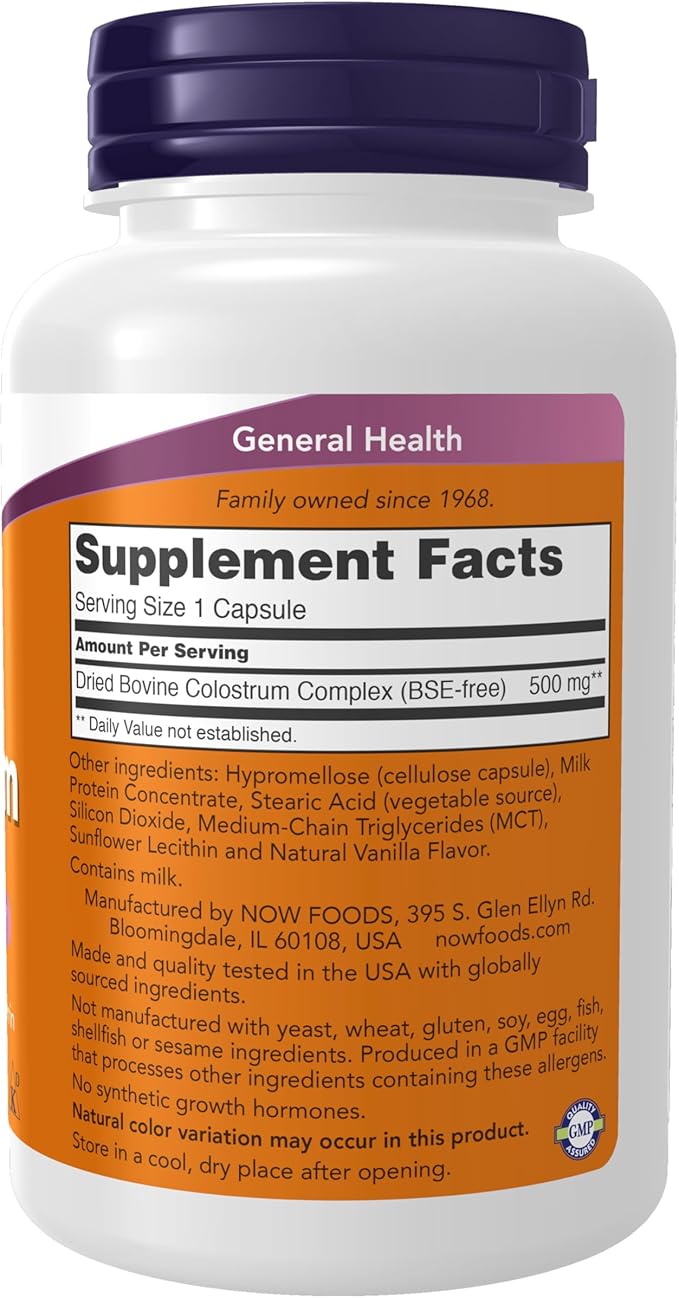 NOW Foods Supplements, Colostrum 500 mg, Naturally occurring Immunoglobulins and Lactoferrin, 120 Veg Capsules