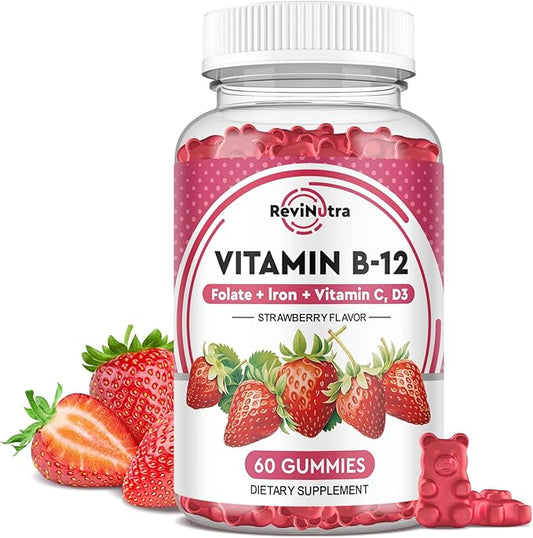 Vitamin B12 Gummies - 5000 mcg Methylcobalamin with Iron, Vitamin C, D3 & Folate, Energy Support and Metabolism, Immune, B-12 Complex Chewable Supplement for Men & Women,Strawberry Flavor