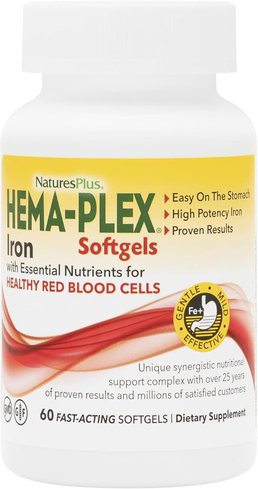 NaturesPlus Hema-Plex Iron - 60 Fast-Acting Softgels - 85 mg Iron + Vitamin C & Bioflavonoids for Healthy Red Blood Cells - Vegan, Gluten Free - 20 Servings