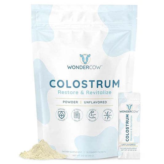 WONDERCOW Colostrum Supplement Powder for Gut Health, Immune Support, Muscle Recovery & Wellness | Natural IgG Pure Whole Bovine Colostrum Superfood, Unflavored, 30 Servings